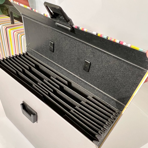 2 Expanding Accordion File Boxes with Latch and Handle Gray/ Muti color stripes - Picture 13 of 14